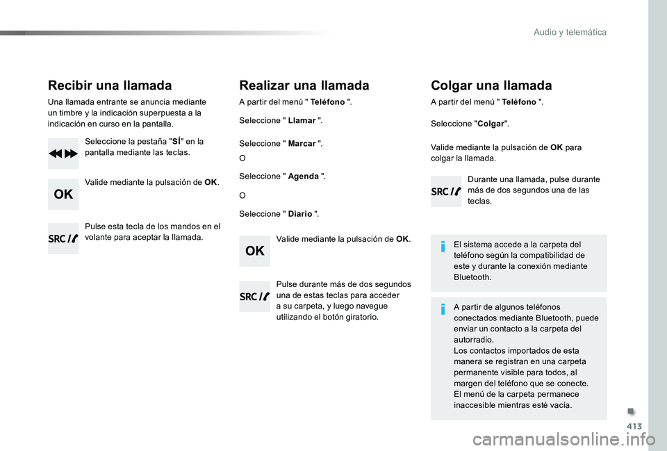 TOYOTA PROACE 2020 Manuale de Empleo (in Spanish) 413
Recibir una llamada
Una llamada entrante se anuncia mediante un timbre y la indicación superpuesta a la indicación en curso en la pantalla.
Seleccione la pestaña "SÍ" en la pantalla me TOYOTA PROACE 2020 Manuale de Empleo (in Spanish) 413
Recibir una llamada
Una llamada entrante se anuncia mediante un timbre y la indicación superpuesta a la indicación en curso en la pantalla.
Seleccione la pestaña "SÍ" en la pantalla me