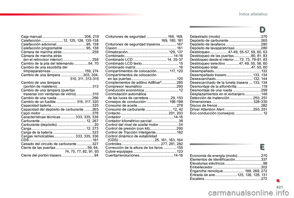 TOYOTA PROACE 2020 Manuale de Empleo (in Spanish) 421
D
E
Caja manual ..........................................206, 219Calefacción ......................12, 125, 126, 13 5-13 8Calefacción adicional ..............................95, 13 8Calefacció TOYOTA PROACE 2020 Manuale de Empleo (in Spanish) 421
D
E
Caja manual ..........................................206, 219Calefacción ......................12, 125, 126, 13 5-13 8Calefacción adicional ..............................95, 13 8Calefacció