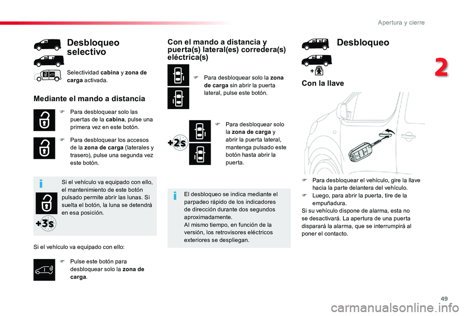 TOYOTA PROACE 2020 Manuale de Empleo (in Spanish) 49
Con la llave
F Para desbloquear solo las puertas de la cabina, pulse una primera vez en este botón.
F Para desbloquear los accesos de la zona de carga (laterales y trasero), pulse una segunda vez TOYOTA PROACE 2020 Manuale de Empleo (in Spanish) 49
Con la llave
F Para desbloquear solo las puertas de la cabina, pulse una primera vez en este botón.
F Para desbloquear los accesos de la zona de carga (laterales y trasero), pulse una segunda vez