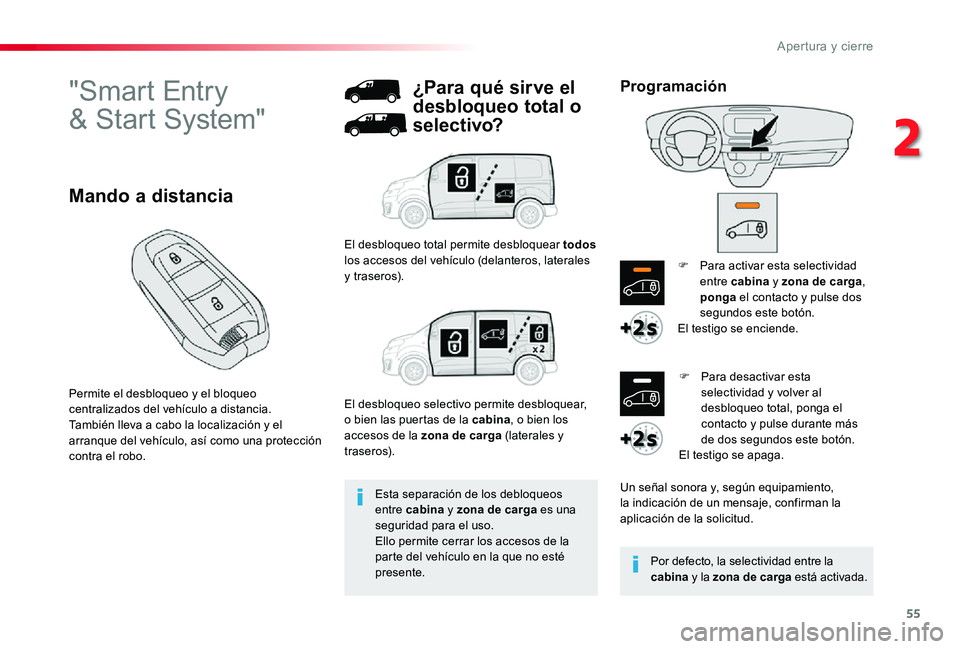 TOYOTA PROACE 2020 Manuale de Empleo (in Spanish) 55
"Smart Entry
& Start System"
Permite el desbloqueo y el bloqueo centralizados del vehÃculo a distancia.También lleva a cabo la localización y el arranque del vehÃculo, asà como una p TOYOTA PROACE 2020 Manuale de Empleo (in Spanish) 55
"Smart Entry
& Start System"
Permite el desbloqueo y el bloqueo centralizados del vehÃculo a distancia.También lleva a cabo la localización y el arranque del vehÃculo, asà como una p