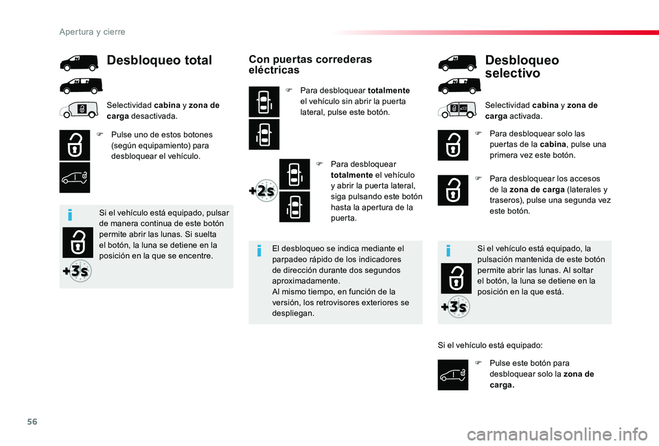 TOYOTA PROACE 2020 Manuale de Empleo (in Spanish) 56
Con puertas correderas eléctricas
F Para desbloquear totalmente el vehÃculo sin abrir la puerta lateral, pulse este botón.
F Para desbloquear totalmente el vehÃculo y abrir la puerta lateral, s TOYOTA PROACE 2020 Manuale de Empleo (in Spanish) 56
Con puertas correderas eléctricas
F Para desbloquear totalmente el vehÃculo sin abrir la puerta lateral, pulse este botón.
F Para desbloquear totalmente el vehÃculo y abrir la puerta lateral, s