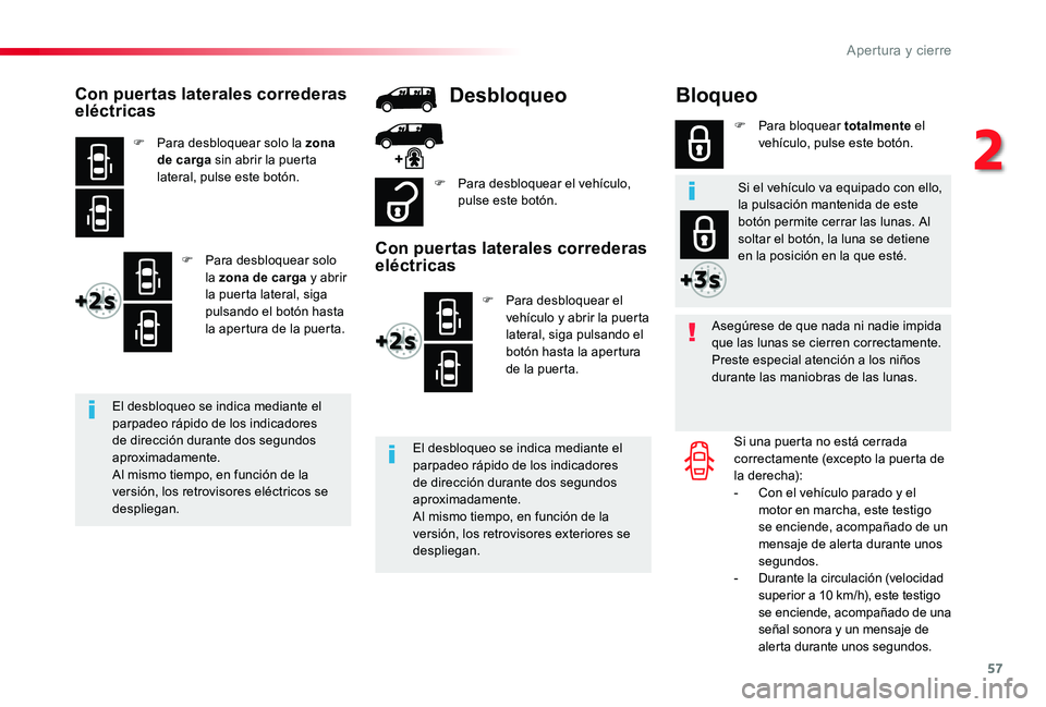 TOYOTA PROACE 2020 Manuale de Empleo (in Spanish) 57
Bloqueo
Asegúrese de que nada ni nadie impida que las lunas se cierren correctamente.Preste especial atención a los niños durante las maniobras de las lunas.
Si una puerta no está cerrada corre TOYOTA PROACE 2020 Manuale de Empleo (in Spanish) 57
Bloqueo
Asegúrese de que nada ni nadie impida que las lunas se cierren correctamente.Preste especial atención a los niños durante las maniobras de las lunas.
Si una puerta no está cerrada corre