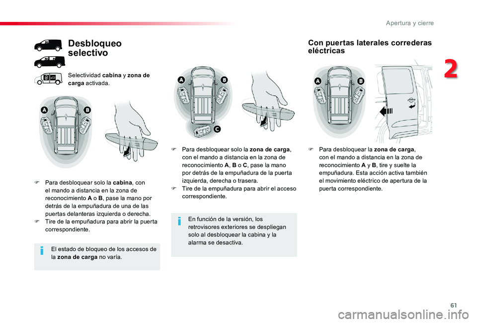 TOYOTA PROACE 2020 Manuale de Empleo (in Spanish) 61
En función de la versión, los
retrovisores exteriores se despliegan solo al desbloquear la cabina y la alarma se desactiva.
Selectividad cabina y zona de carga activada.
Desbloqueo
selectivo
F TOYOTA PROACE 2020 Manuale de Empleo (in Spanish) 61
En función de la versión, los
retrovisores exteriores se despliegan solo al desbloquear la cabina y la alarma se desactiva.
Selectividad cabina y zona de carga activada.
Desbloqueo
selectivo
F