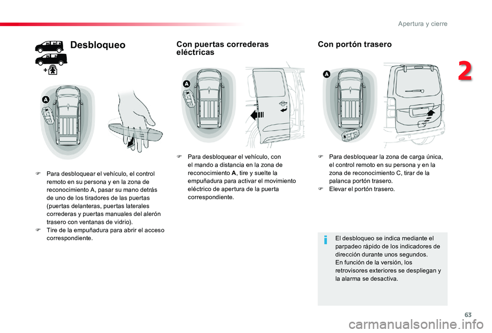 TOYOTA PROACE 2020 Manuale de Empleo (in Spanish) 63
Desbloqueo
F Para desbloquear el vehículo, el control remoto en su persona y en la zona de reconocimiento A, pasar su mano detrás de uno de los tiradores de las puertas (puertas delanteras, puert TOYOTA PROACE 2020 Manuale de Empleo (in Spanish) 63
Desbloqueo
F Para desbloquear el vehículo, el control remoto en su persona y en la zona de reconocimiento A, pasar su mano detrás de uno de los tiradores de las puertas (puertas delanteras, puert