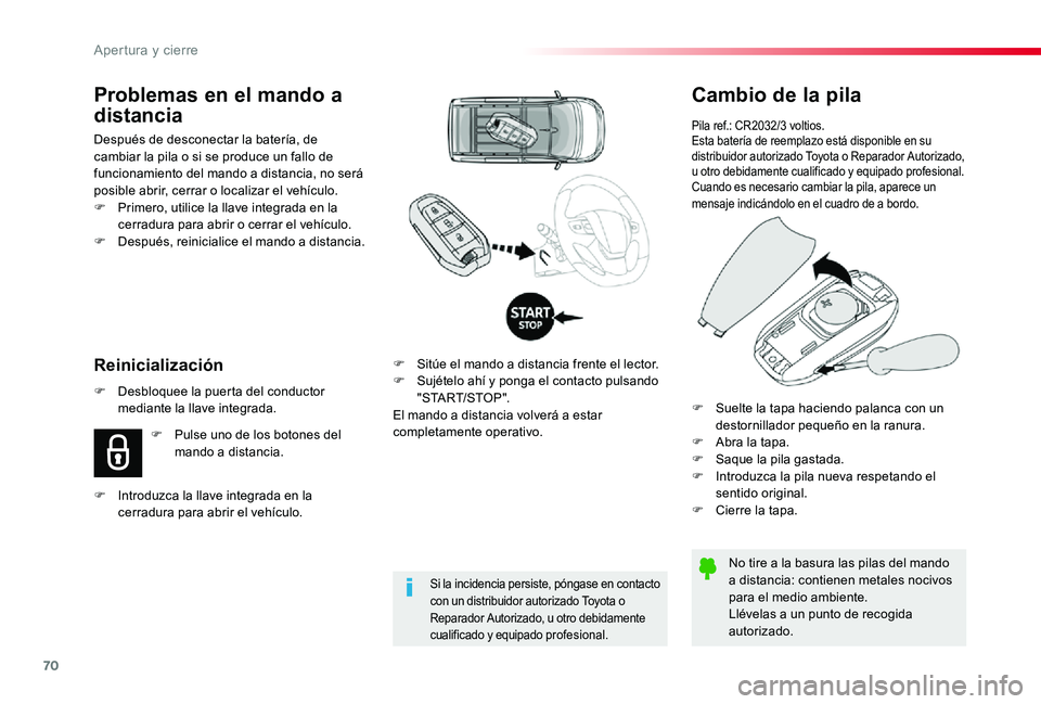 TOYOTA PROACE 2020 Manuale de Empleo (in Spanish) 70
Cambio de la pila
Pila ref.: CR2032/3 voltios.Esta batería de reemplazo está disponible en su distribuidor autorizado Toyota o Reparador Autorizado, u otro debidamente cualificado y equipado prof TOYOTA PROACE 2020 Manuale de Empleo (in Spanish) 70
Cambio de la pila
Pila ref.: CR2032/3 voltios.Esta batería de reemplazo está disponible en su distribuidor autorizado Toyota o Reparador Autorizado, u otro debidamente cualificado y equipado prof