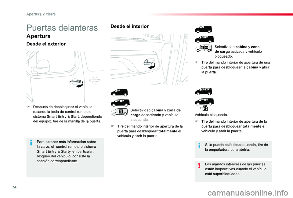 TOYOTA PROACE 2020 Manuale de Empleo (in Spanish) 74
Puertas delanteras
Apertura
Desde el exterior
F Tire del mando interior de apertura de la puerta para desbloquear totalmente el vehículo y abrir la puerta.
F Tire del mando interior de apertura de TOYOTA PROACE 2020 Manuale de Empleo (in Spanish) 74
Puertas delanteras
Apertura
Desde el exterior
F Tire del mando interior de apertura de la puerta para desbloquear totalmente el vehículo y abrir la puerta.
F Tire del mando interior de apertura de