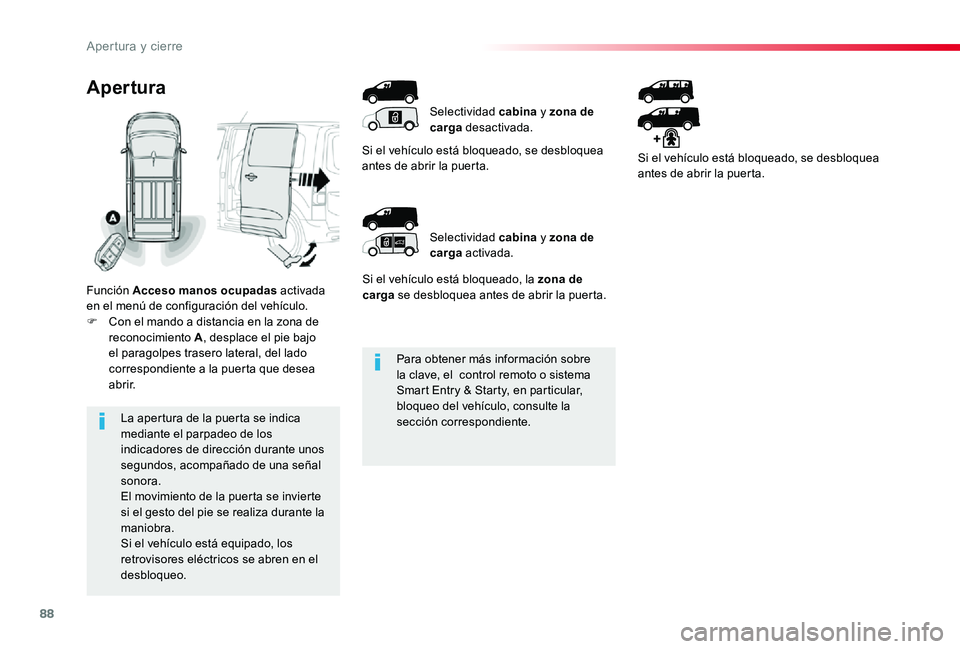TOYOTA PROACE 2020 Manuale de Empleo (in Spanish) 88
Para obtener más información sobre la clave, el control remoto o sistema Smart Entry & Starty, en particular, bloqueo del vehículo, consulte la sección correspondiente.La apertura de la puerta TOYOTA PROACE 2020 Manuale de Empleo (in Spanish) 88
Para obtener más información sobre la clave, el control remoto o sistema Smart Entry & Starty, en particular, bloqueo del vehículo, consulte la sección correspondiente.La apertura de la puerta