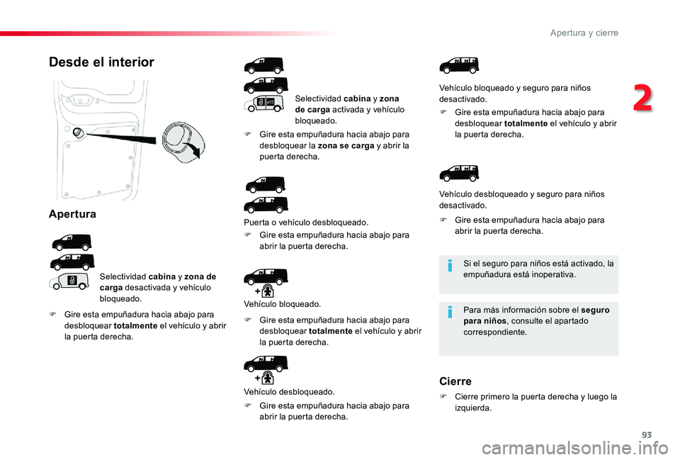 TOYOTA PROACE 2020 Manuale de Empleo (in Spanish) 93
Si el seguro para niños está activado, la empuñadura está inoperativa.
Para más información sobre el seguro para niños, consulte el apartado correspondiente.
Desde el interior
Apertura
Selec TOYOTA PROACE 2020 Manuale de Empleo (in Spanish) 93
Si el seguro para niños está activado, la empuñadura está inoperativa.
Para más información sobre el seguro para niños, consulte el apartado correspondiente.
Desde el interior
Apertura
Selec