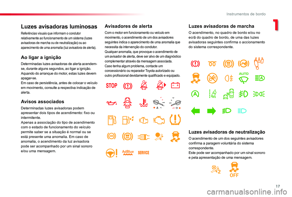TOYOTA PROACE 2020  Manual de utilização (in Portuguese) 17
Proace_pt_Chap01_instruments-de-bord_ed2019_V02
Luzes avisadoras luminosas
Referências visuais que informam o condutor relativamente ao funcionamento de um sistema (luzes avisadoras de marcha ou d