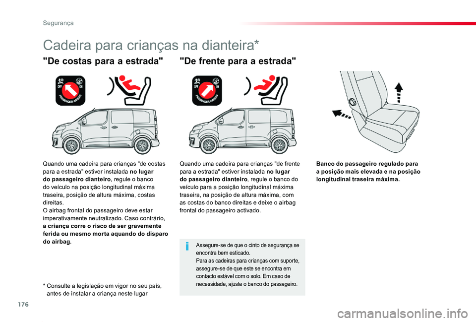 TOYOTA PROACE 2020  Manual de utilização (in Portuguese) 176
Proace_pt_Chap05_securite_ed2019_V02
Banco do passageiro regulado para a posição mais elevada e na posição longitudinal traseira máxima.
"De costas para a estrada"
Cadeira para crian