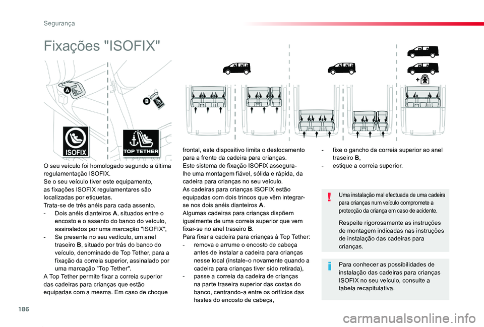 TOYOTA PROACE 2020 Manual de utilização (in Portuguese) 186
Proace_pt_Chap05_securite_ed2019_V02
Fixações "ISOFIX"
Uma instalação mal efectuada de uma cadeira para crianças num veículo compromete a protecção da criança em caso de acidente. TOYOTA PROACE 2020 Manual de utilização (in Portuguese) 186
Proace_pt_Chap05_securite_ed2019_V02
Fixações "ISOFIX"
Uma instalação mal efectuada de uma cadeira para crianças num veículo compromete a protecção da criança em caso de acidente.