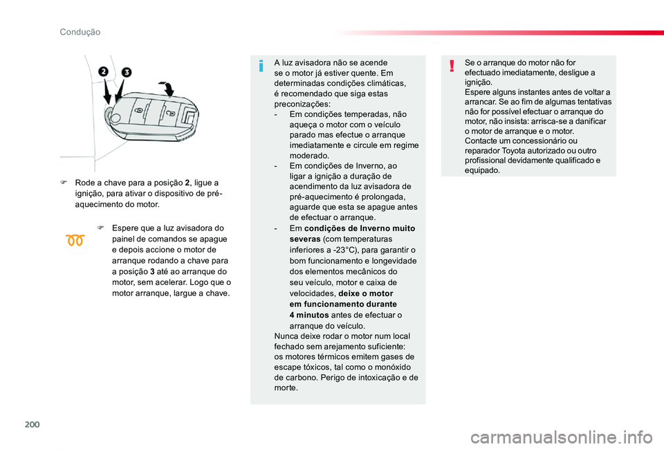 TOYOTA PROACE 2020  Manual de utilização (in Portuguese) 200
Proace_pt_Chap06_conduite_ed2019_V02
F Rode a chave para a posição 2, ligue a ignição, para ativar o dispositivo de pré-aquecimento do motor.
F Espere que a luz avisadora do painel de comando