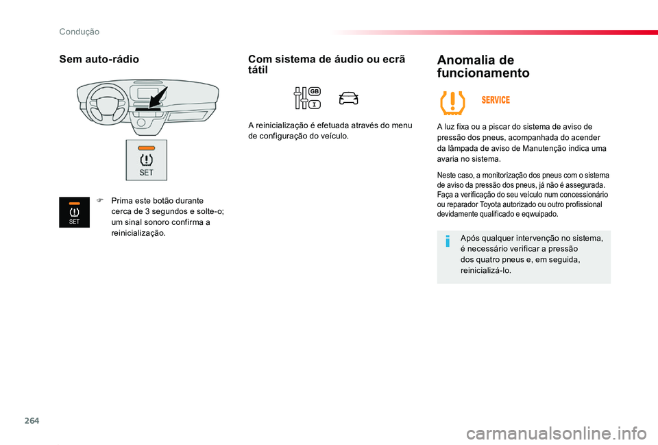 TOYOTA PROACE 2020 Manual de utilização (in Portuguese) 264
Proace_pt_Chap06_conduite_ed2019_V02
Anomalia de
funcionamento
A luz fixa ou a piscar do sistema de aviso de pressão dos pneus, acompanhada do acender da lâmpada de aviso de Manutenção indic TOYOTA PROACE 2020 Manual de utilização (in Portuguese) 264
Proace_pt_Chap06_conduite_ed2019_V02
Anomalia de
funcionamento
A luz fixa ou a piscar do sistema de aviso de pressão dos pneus, acompanhada do acender da lâmpada de aviso de Manutenção indic