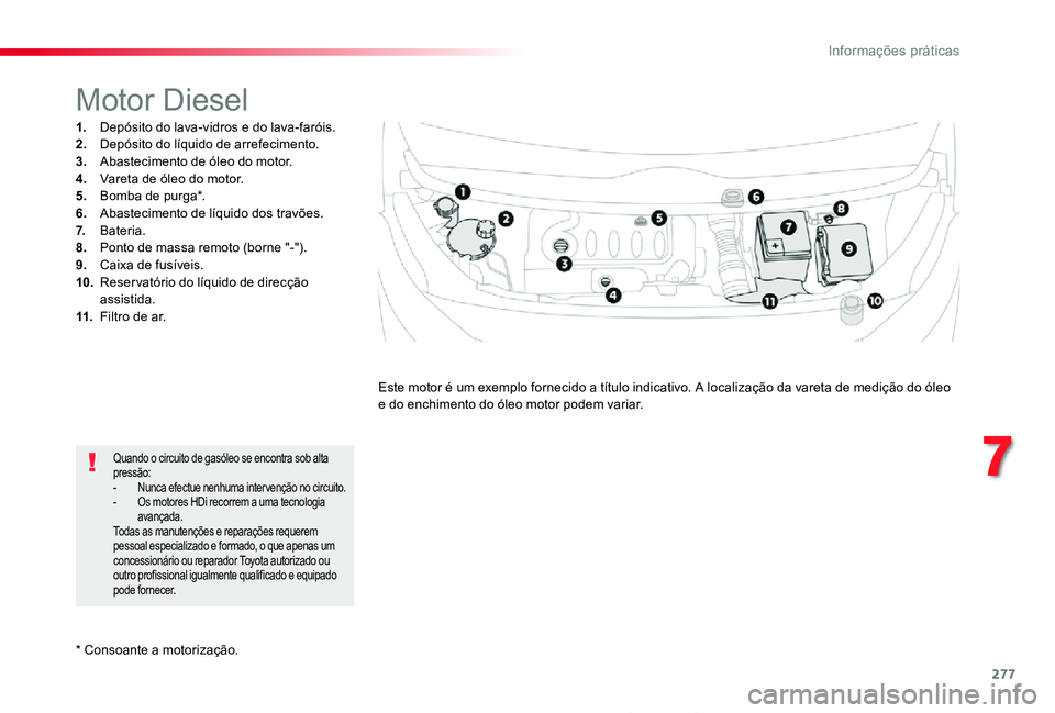 TOYOTA PROACE 2020 Manual de utilização (in Portuguese) 277
Proace_pt_Chap07_info-pratiques_ed2019_V02
* Consoante a motorização.
Motor Diesel
1. Depósito do lava-vidros e do lava-faróis.2. Depósito do líquido de arrefecimento.3. Abastecimento de ó TOYOTA PROACE 2020 Manual de utilização (in Portuguese) 277
Proace_pt_Chap07_info-pratiques_ed2019_V02
* Consoante a motorização.
Motor Diesel
1. Depósito do lava-vidros e do lava-faróis.2. Depósito do líquido de arrefecimento.3. Abastecimento de ó