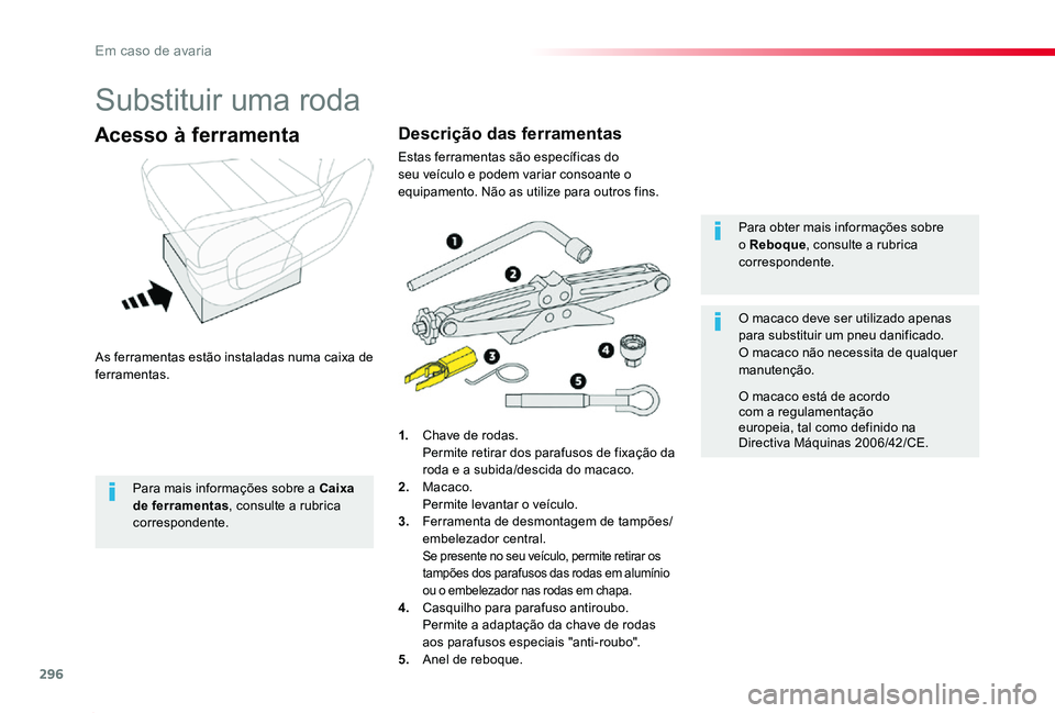 TOYOTA PROACE 2020 Manual de utilização (in Portuguese) 296
Proace_pt_Chap08_En-cas-de-panne_ed2019_V02
Substituir uma roda
As ferramentas estão instaladas numa caixa de ferramentas.
Acesso à ferramenta
1. Chave de rodas. Permite retirar dos parafusos d TOYOTA PROACE 2020 Manual de utilização (in Portuguese) 296
Proace_pt_Chap08_En-cas-de-panne_ed2019_V02
Substituir uma roda
As ferramentas estão instaladas numa caixa de ferramentas.
Acesso à ferramenta
1. Chave de rodas. Permite retirar dos parafusos d
