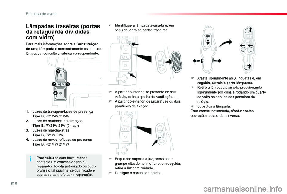 TOYOTA PROACE 2020  Manual de utilização (in Portuguese) 310
Proace_pt_Chap08_En-cas-de-panne_ed2019_V02
Lâmpadas traseiras (portas 
da retaguarda divididas 
com vidro)
Para mais informações sobre a Substituição de uma lâmpada e nomeadamente os tipos 