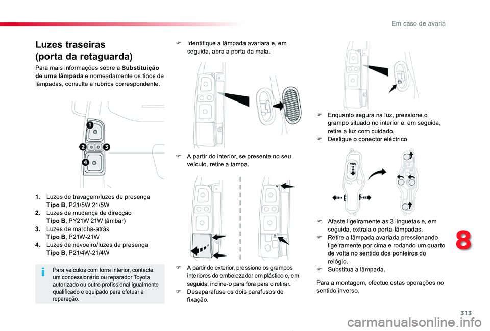TOYOTA PROACE 2020  Manual de utilização (in Portuguese) 313
Proace_pt_Chap08_En-cas-de-panne_ed2019_V02
Luzes traseiras
(porta da retaguarda)
Para mais informações sobre a Substituição de uma lâmpada e nomeadamente os tipos de lâmpadas, consulte a ru