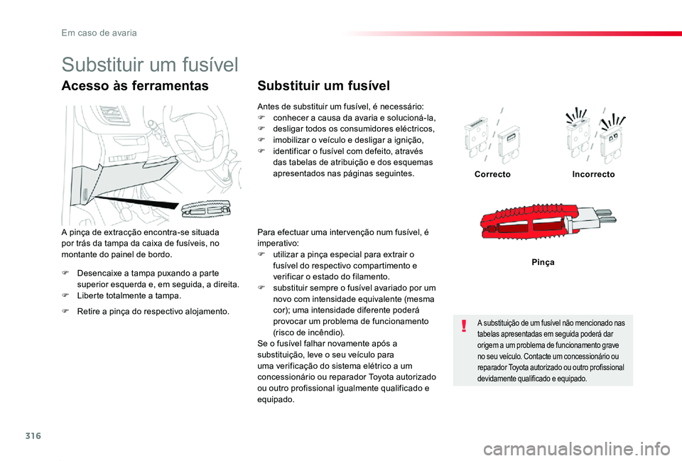 TOYOTA PROACE 2020 Manual de utilização (in Portuguese) 316
Proace_pt_Chap08_En-cas-de-panne_ed2019_V02
F Desencaixe a tampa puxando a parte superior esquerda e, em seguida, a direita.F Liberte totalmente a tampa.
CorrectoIncorrecto
Pinça
Acesso às ferra TOYOTA PROACE 2020 Manual de utilização (in Portuguese) 316
Proace_pt_Chap08_En-cas-de-panne_ed2019_V02
F Desencaixe a tampa puxando a parte superior esquerda e, em seguida, a direita.F Liberte totalmente a tampa.
CorrectoIncorrecto
Pinça
Acesso às ferra
