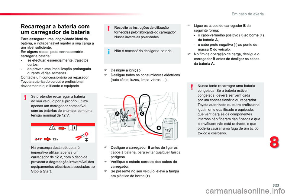 TOYOTA PROACE 2020  Manual de utilização (in Portuguese) 323
Proace_pt_Chap08_En-cas-de-panne_ed2019_V02
Para assegurar uma longevidade ideal da bateria, é indispensável manter a sua carga a um nível suficiente.Em alguns casos, pode ser necessário carre