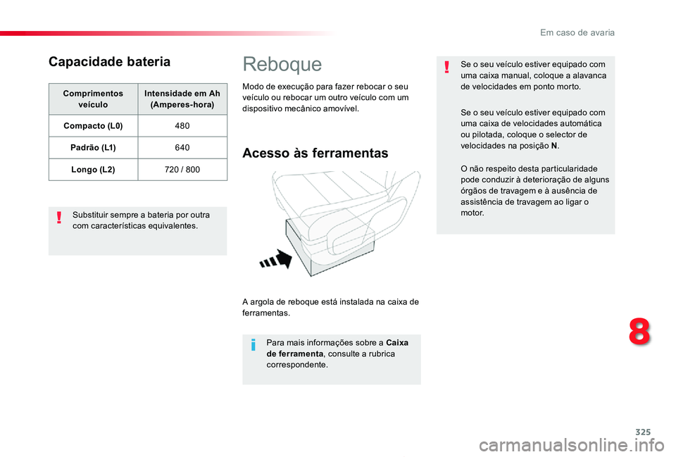 TOYOTA PROACE 2020 Manual de utilização (in Portuguese) 325
Proace_pt_Chap08_En-cas-de-panne_ed2019_V02
Capacidade bateria
Comprimentos veículoIntensidade em Ah (Amperes-hora)
Compacto (L0)480
Padrão (L1)640
Longo (L2)720 / 800
Substituir sempre a bateri TOYOTA PROACE 2020 Manual de utilização (in Portuguese) 325
Proace_pt_Chap08_En-cas-de-panne_ed2019_V02
Capacidade bateria
Comprimentos veículoIntensidade em Ah (Amperes-hora)
Compacto (L0)480
Padrão (L1)640
Longo (L2)720 / 800
Substituir sempre a bateri