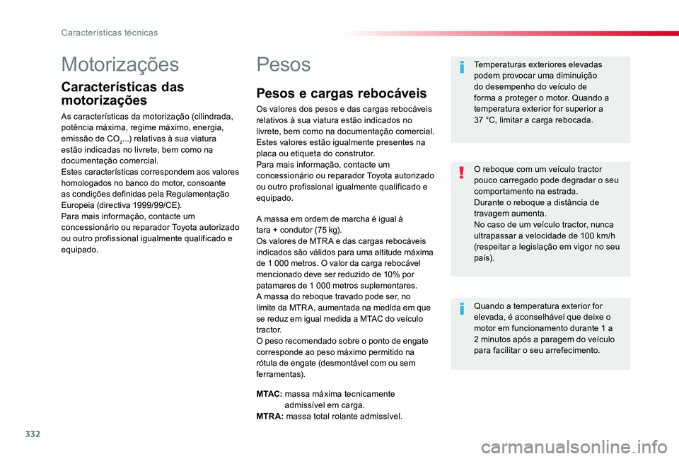 TOYOTA PROACE 2020 Manual de utilização (in Portuguese) 332
Proace_pt_Chap09_caracteristiques-techniques_ed2019_V02
Motorizações
Características das
motorizações
As características da motorização (cilindrada, potência máxima, regime máximo, ene TOYOTA PROACE 2020 Manual de utilização (in Portuguese) 332
Proace_pt_Chap09_caracteristiques-techniques_ed2019_V02
Motorizações
Características das
motorizações
As características da motorização (cilindrada, potência máxima, regime máximo, ene