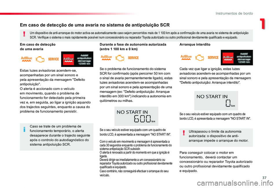 TOYOTA PROACE 2020  Manual de utilização (in Portuguese) 37
Proace_pt_Chap01_instruments-de-bord_ed2019_V02
Arranque interdito
Cada vez que ligar a ignição, estas luzes 
avisadoras acendem-se acompanhadas por um sinal sonoro e pela apresentação da mensa