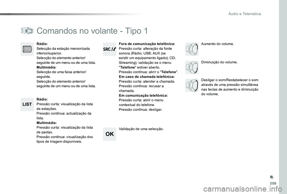 TOYOTA PROACE 2020 Manual de utilização (in Portuguese) 399
Proace_pt_Chap10d_RD6_ed2019_V02
Comandos no volante - Tipo 1
Rádio:Pressão curta: visualização da lista de estações.Pressão contínua: actualização da lista.Multimédia:Pressão curta: v TOYOTA PROACE 2020 Manual de utilização (in Portuguese) 399
Proace_pt_Chap10d_RD6_ed2019_V02
Comandos no volante - Tipo 1
Rádio:Pressão curta: visualização da lista de estações.Pressão contínua: actualização da lista.Multimédia:Pressão curta: v