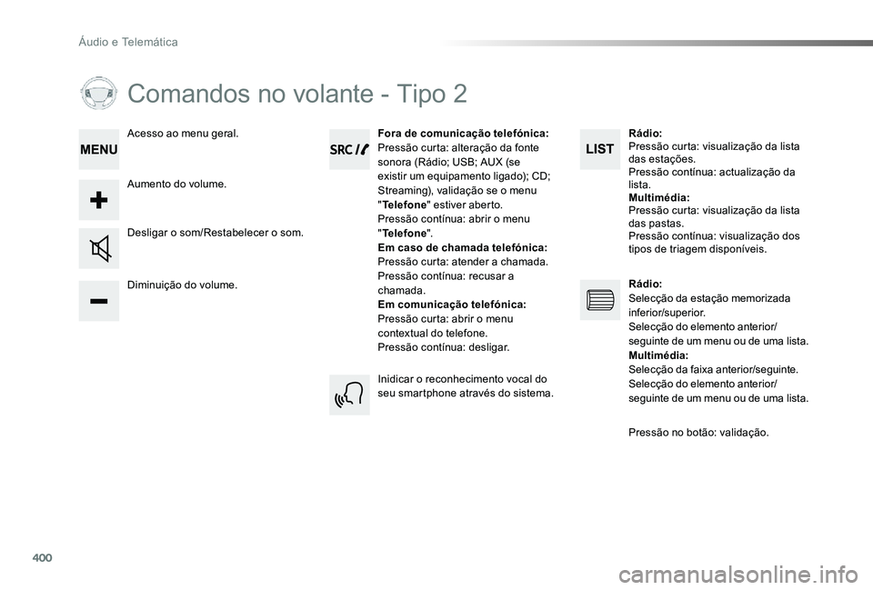 TOYOTA PROACE 2020 Manual de utilização (in Portuguese) 400
Proace_pt_Chap10d_RD6_ed2019_V02
Comandos no volante - Tipo 2
Diminuição do volume.
Desligar o som/Restabelecer o som.
Fora de comunicação telefónica:Pressão curta: alteração da fonte sono TOYOTA PROACE 2020 Manual de utilização (in Portuguese) 400
Proace_pt_Chap10d_RD6_ed2019_V02
Comandos no volante - Tipo 2
Diminuição do volume.
Desligar o som/Restabelecer o som.
Fora de comunicação telefónica:Pressão curta: alteração da fonte sono