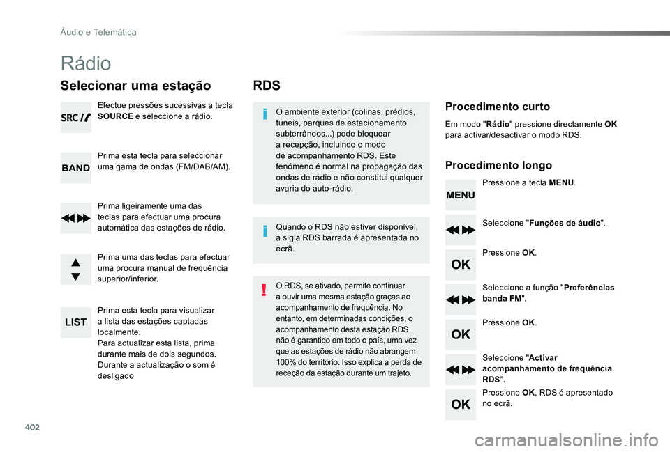 TOYOTA PROACE 2020 Manual de utilização (in Portuguese) 402
Proace_pt_Chap10d_RD6_ed2019_V02
RDS
Procedimento curto
Procedimento longo
O ambiente exterior (colinas, prédios, túneis, parques de estacionamento subterrâneos...) pode bloquear a recepção, TOYOTA PROACE 2020 Manual de utilização (in Portuguese) 402
Proace_pt_Chap10d_RD6_ed2019_V02
RDS
Procedimento curto
Procedimento longo
O ambiente exterior (colinas, prédios, túneis, parques de estacionamento subterrâneos...) pode bloquear a recepção,