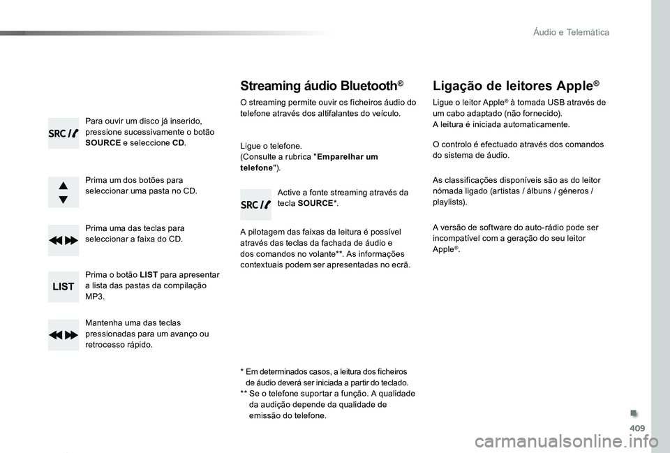 TOYOTA PROACE 2020 Manual de utilização (in Portuguese) 409
Proace_pt_Chap10d_RD6_ed2019_V02
Para ouvir um disco já inserido, pressione sucessivamente o botão SOURCE e seleccione CD.
Prima um dos botões para seleccionar uma pasta no CD.
Prima uma das te TOYOTA PROACE 2020 Manual de utilização (in Portuguese) 409
Proace_pt_Chap10d_RD6_ed2019_V02
Para ouvir um disco já inserido, pressione sucessivamente o botão SOURCE e seleccione CD.
Prima um dos botões para seleccionar uma pasta no CD.
Prima uma das te