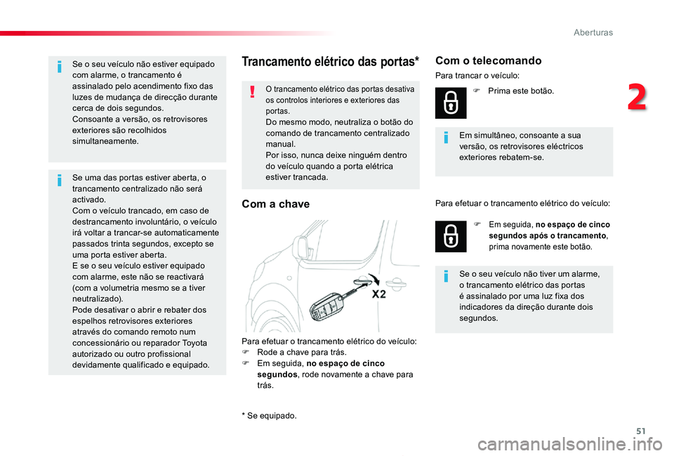 TOYOTA PROACE 2020 Manual de utilização (in Portuguese) 51
Proace_pt_Chap02_ouvertures_ed2019_V02
Trancamento elétrico das portas*
O trancamento elétrico das portas desativa os controlos interiores e exteriores das portas.Do mesmo modo, neutraliza o botà TOYOTA PROACE 2020 Manual de utilização (in Portuguese) 51
Proace_pt_Chap02_ouvertures_ed2019_V02
Trancamento elétrico das portas*
O trancamento elétrico das portas desativa os controlos interiores e exteriores das portas.Do mesmo modo, neutraliza o botÃ