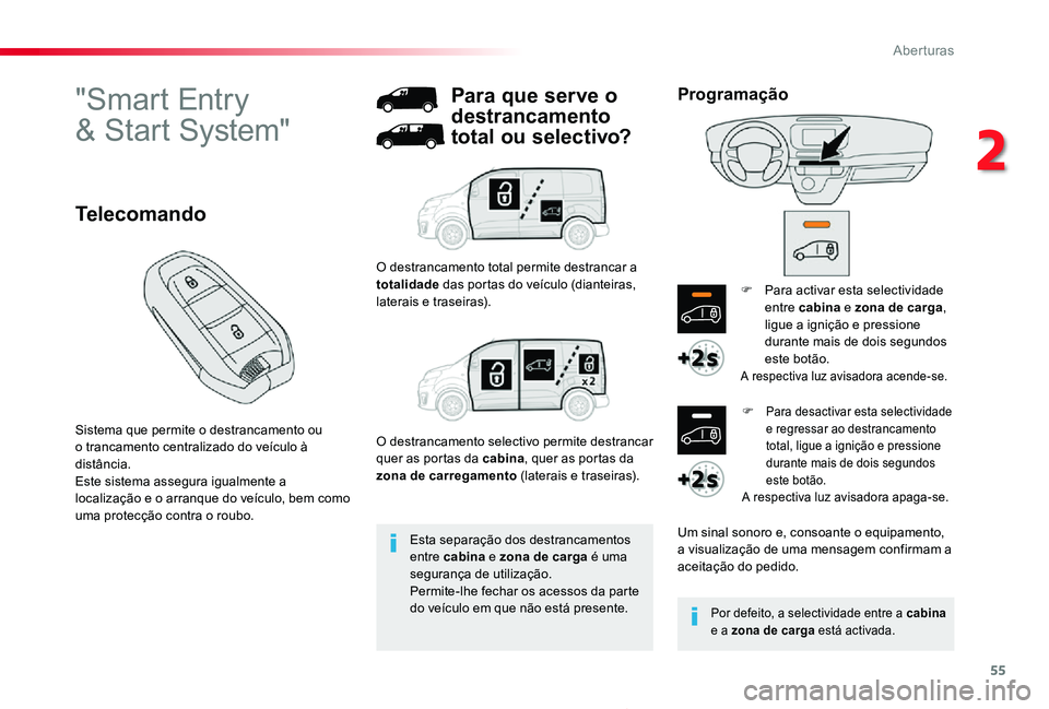 TOYOTA PROACE 2020 Manual de utilização (in Portuguese) 55
Proace_pt_Chap02_ouvertures_ed2019_V02
"Smart Entry
& Start System"
Sistema que permite o destrancamento ou o trancamento centralizado do veÃculo à distância.Este sistema assegura igua TOYOTA PROACE 2020 Manual de utilização (in Portuguese) 55
Proace_pt_Chap02_ouvertures_ed2019_V02
"Smart Entry
& Start System"
Sistema que permite o destrancamento ou o trancamento centralizado do veÃculo à distância.Este sistema assegura igua
