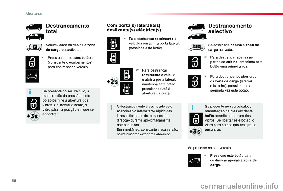 TOYOTA PROACE 2020 Manual de utilização (in Portuguese) 56
Proace_pt_Chap02_ouvertures_ed2019_V02
Com porta(s) lateral(ais) deslizante(s) eléctrica(s)
F Para destrancar totalmente o veÃculo sem abrir a porta lateral, pressione este botão.
F Para destran TOYOTA PROACE 2020 Manual de utilização (in Portuguese) 56
Proace_pt_Chap02_ouvertures_ed2019_V02
Com porta(s) lateral(ais) deslizante(s) eléctrica(s)
F Para destrancar totalmente o veÃculo sem abrir a porta lateral, pressione este botão.
F Para destran