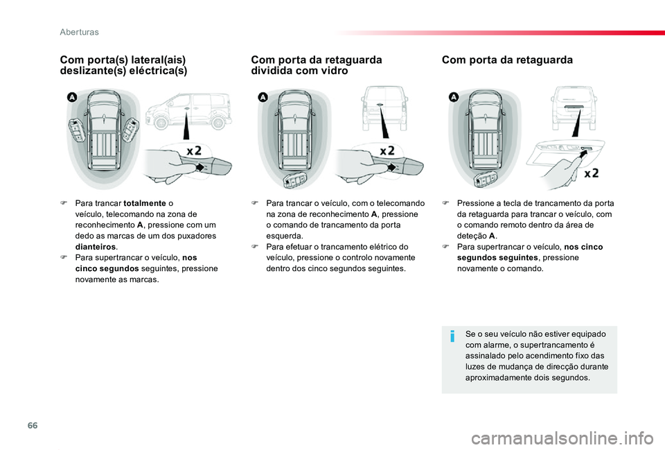 TOYOTA PROACE 2020 Manual de utilização (in Portuguese) 66
Proace_pt_Chap02_ouvertures_ed2019_V02
F Para trancar totalmente o veículo, telecomando na zona de reconhecimento A, pressione com um dedo as marcas de um dos puxadores dianteiros.F Para supertra TOYOTA PROACE 2020 Manual de utilização (in Portuguese) 66
Proace_pt_Chap02_ouvertures_ed2019_V02
F Para trancar totalmente o veículo, telecomando na zona de reconhecimento A, pressione com um dedo as marcas de um dos puxadores dianteiros.F Para supertra