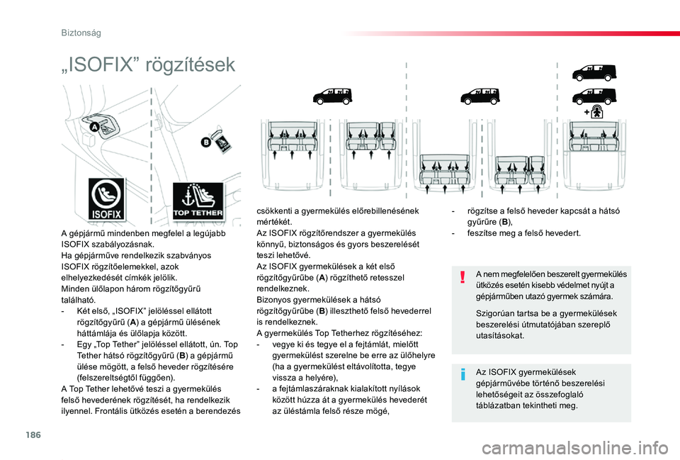 TOYOTA PROACE 2020 Kezelési útmutató (in Hungarian) 186
Proace_hu_Chap05_securite_ed01-2019
„ISOFIX” rögzítések
A nem megfelelően beszerelt gyermekülés ütközés esetén kisebb védelmet nyújt a gépjárműben utazó gyermek számára.
Az I TOYOTA PROACE 2020 Kezelési útmutató (in Hungarian) 186
Proace_hu_Chap05_securite_ed01-2019
„ISOFIX” rögzítések
A nem megfelelően beszerelt gyermekülés ütközés esetén kisebb védelmet nyújt a gépjárműben utazó gyermek számára.
Az I