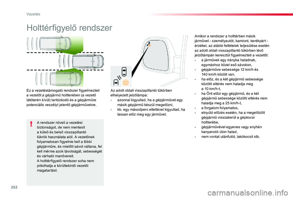 TOYOTA PROACE 2020 Kezelési útmutató (in Hungarian) 252
Proace_hu_Chap06_conduite_ed01-2019
Holttérfigyelő rendszer
Az adott oldali visszapillantó tükörben elhelyezett jelzőlámpa:- azonnal kigyullad, ha a gépjárművet egy másik gépjármű k TOYOTA PROACE 2020 Kezelési útmutató (in Hungarian) 252
Proace_hu_Chap06_conduite_ed01-2019
Holttérfigyelő rendszer
Az adott oldali visszapillantó tükörben elhelyezett jelzőlámpa:- azonnal kigyullad, ha a gépjárművet egy másik gépjármű k