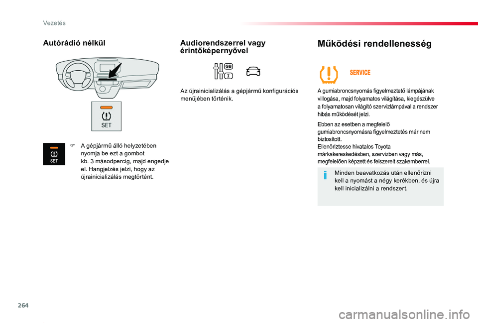 TOYOTA PROACE 2020 Kezelési útmutató (in Hungarian) 264
Proace_hu_Chap06_conduite_ed01-2019
Működési rendellenesség
A gumiabroncsnyomás figyelmeztető lámpájának villogása, majd folyamatos világítása, kiegészülve a folyamatosan világít TOYOTA PROACE 2020 Kezelési útmutató (in Hungarian) 264
Proace_hu_Chap06_conduite_ed01-2019
Működési rendellenesség
A gumiabroncsnyomás figyelmeztető lámpájának villogása, majd folyamatos világítása, kiegészülve a folyamatosan világít