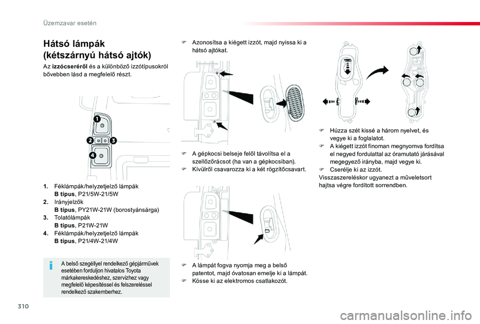 TOYOTA PROACE 2020 Kezelési útmutató (in Hungarian) 310
Proace_hu_Chap08_En-cas-de-panne_ed01-2019
Hátsó lámpák
(kétszárnyú hátsó ajtók)
Az izzócseréről és a különböző izzótípusokról bővebben lásd a megfelelő részt.
F A lámpá TOYOTA PROACE 2020 Kezelési útmutató (in Hungarian) 310
Proace_hu_Chap08_En-cas-de-panne_ed01-2019
Hátsó lámpák
(kétszárnyú hátsó ajtók)
Az izzócseréről és a különböző izzótípusokról bővebben lásd a megfelelő részt.
F A lámpá