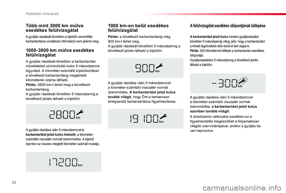 TOYOTA PROACE 2020 Kezelési útmutató (in Hungarian) 32
Proace_hu_Chap01_instruments-de-bord_ed01-2019
1000-3000 km múlva esedékes felülvizsgálat
A gyújtás ráadását követően a karbantartási műveleteket szimbolizáló kulcs 5 másodpercre ki TOYOTA PROACE 2020 Kezelési útmutató (in Hungarian) 32
Proace_hu_Chap01_instruments-de-bord_ed01-2019
1000-3000 km múlva esedékes felülvizsgálat
A gyújtás ráadását követően a karbantartási műveleteket szimbolizáló kulcs 5 másodpercre ki