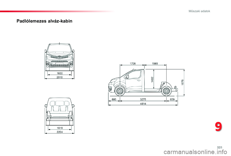 TOYOTA PROACE 2020 Kezelési útmutató (in Hungarian) 331
9
Műszaki adatok
Proace_hu_Chap09_caracteristiques-techniques_ed01-2019
Padlólemezes alváz-kabin TOYOTA PROACE 2020 Kezelési útmutató (in Hungarian) 331
9
Műszaki adatok
Proace_hu_Chap09_caracteristiques-techniques_ed01-2019
Padlólemezes alváz-kabin