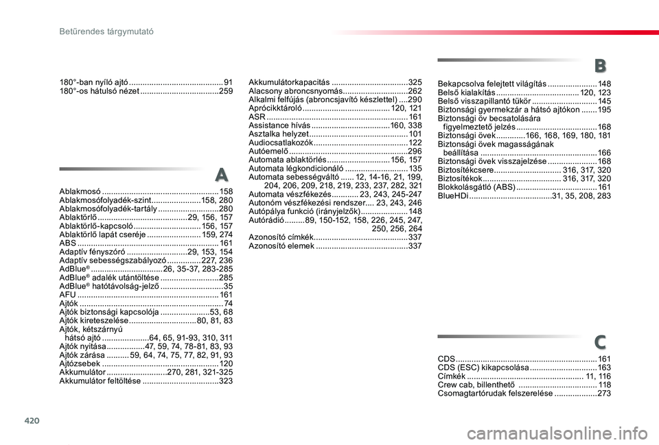 TOYOTA PROACE 2020 Kezelési útmutató (in Hungarian) 420
Proace_hu_Chap11_index-alpha_ed01-2019
Ablakmosó ....................................................15 8Ablakmosófolyadék-szint ......................15 8, 280Ablakmosófolyadék-tartály .... TOYOTA PROACE 2020 Kezelési útmutató (in Hungarian) 420
Proace_hu_Chap11_index-alpha_ed01-2019
Ablakmosó ....................................................15 8Ablakmosófolyadék-szint ......................15 8, 280Ablakmosófolyadék-tartály ....