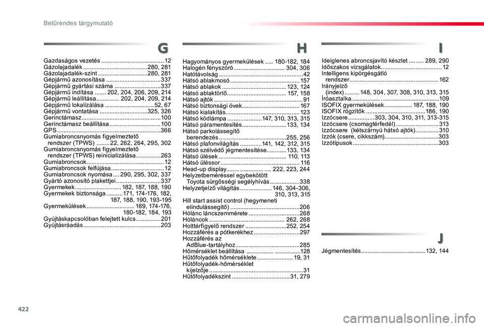 TOYOTA PROACE 2020 Kezelési útmutató (in Hungarian) 422
Proace_hu_Chap11_index-alpha_ed01-2019
Ideiglenes abroncsjavító készlet .........289, 290Időszakos vizsgálatok .....................................12Intelligens kipörgésgátló rendszer . TOYOTA PROACE 2020 Kezelési útmutató (in Hungarian) 422
Proace_hu_Chap11_index-alpha_ed01-2019
Ideiglenes abroncsjavító készlet .........289, 290Időszakos vizsgálatok .....................................12Intelligens kipörgésgátló rendszer .