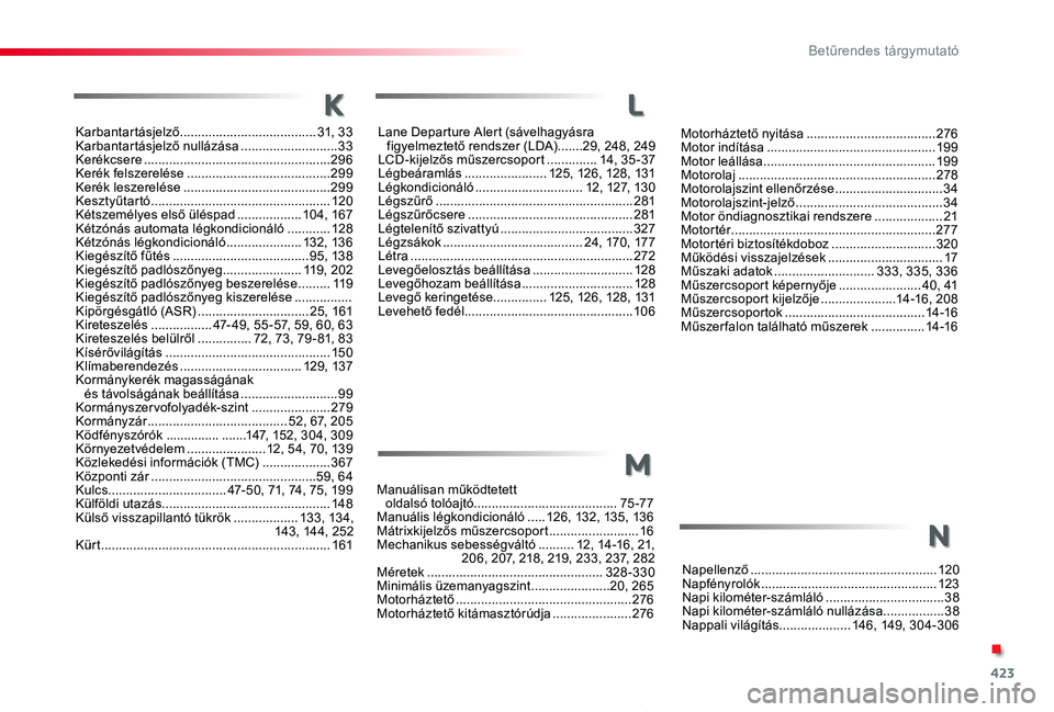 TOYOTA PROACE 2020 Kezelési útmutató (in Hungarian) 423
Proace_hu_Chap11_index-alpha_ed01-2019
Karbantartásjelző ......................................31, 33Karbantartásjelző nullázása ...........................33Kerékcsere .................... TOYOTA PROACE 2020 Kezelési útmutató (in Hungarian) 423
Proace_hu_Chap11_index-alpha_ed01-2019
Karbantartásjelző ......................................31, 33Karbantartásjelző nullázása ...........................33Kerékcsere ....................