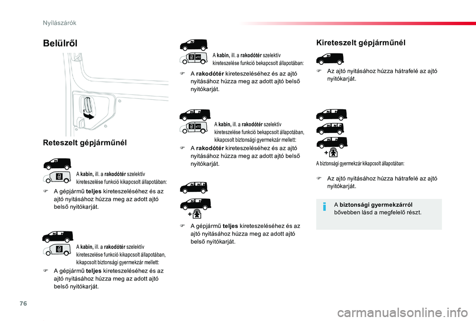 TOYOTA PROACE 2020 Kezelési útmutató (in Hungarian) 76
Proace_hu_Chap02_ouvertures_ed01-2019
A biztonsági gyermekzárról bővebben lásd a megfelelő részt.
Belülről
A kabin, ill. a rakodótér szelektív kireteszelése funkció kikapcsolt állapo TOYOTA PROACE 2020 Kezelési útmutató (in Hungarian) 76
Proace_hu_Chap02_ouvertures_ed01-2019
A biztonsági gyermekzárról bővebben lásd a megfelelő részt.
Belülről
A kabin, ill. a rakodótér szelektív kireteszelése funkció kikapcsolt állapo