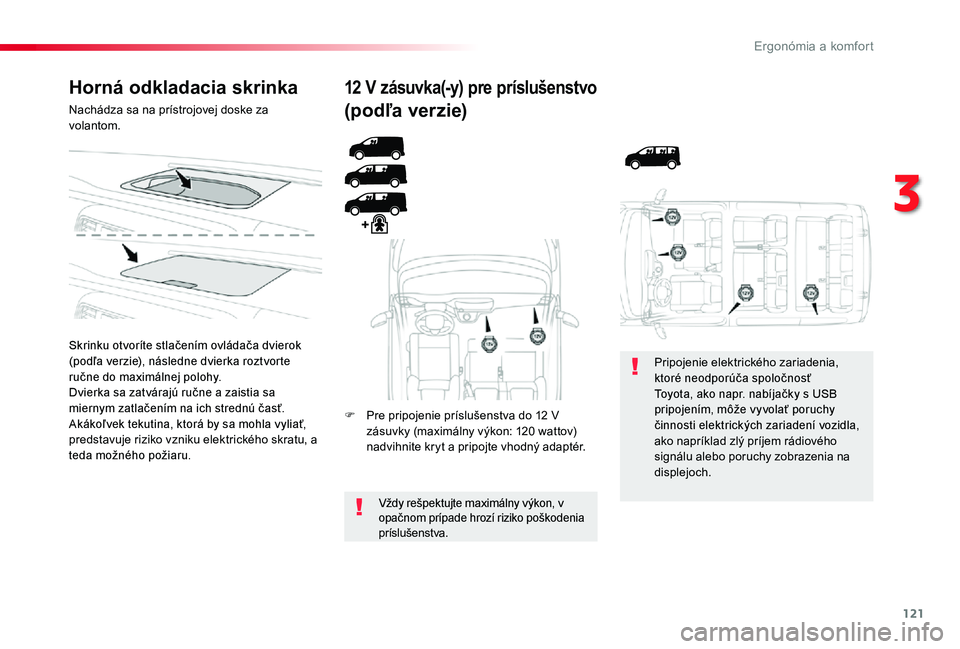 TOYOTA PROACE 2020  Návod na použitie (in Slovakian) 121
Proace_sk_Chap03_ergonomie-et-confort_ed01-2019
Horná odkladacia skrinka
Nachádza sa na prístrojovej doske za volantom.
Skrinku otvoríte stlačením ovládača dvierok (podľa verzie), násled