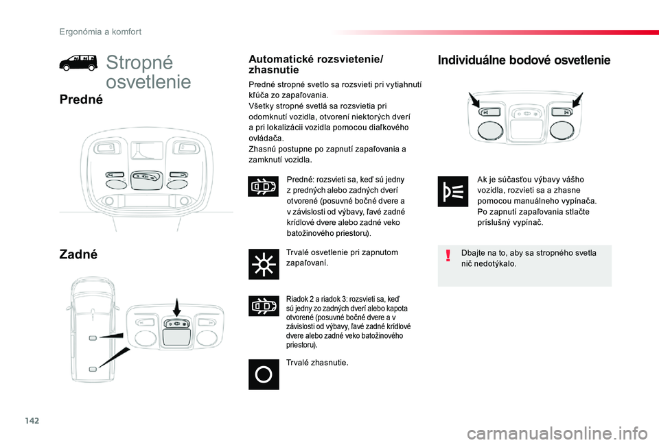 TOYOTA PROACE 2020 Návod na použitie (in Slovakian) 142
Proace_sk_Chap03_ergonomie-et-confort_ed01-2019
Individuálne bodové osvetlenie
Zadné
Stropné
osvetlenie
Automatické rozsvietenie/zhasnutie
Predné stropné svetlo sa rozsvieti pri vytiahnut TOYOTA PROACE 2020 Návod na použitie (in Slovakian) 142
Proace_sk_Chap03_ergonomie-et-confort_ed01-2019
Individuálne bodové osvetlenie
Zadné
Stropné
osvetlenie
Automatické rozsvietenie/zhasnutie
Predné stropné svetlo sa rozsvieti pri vytiahnut