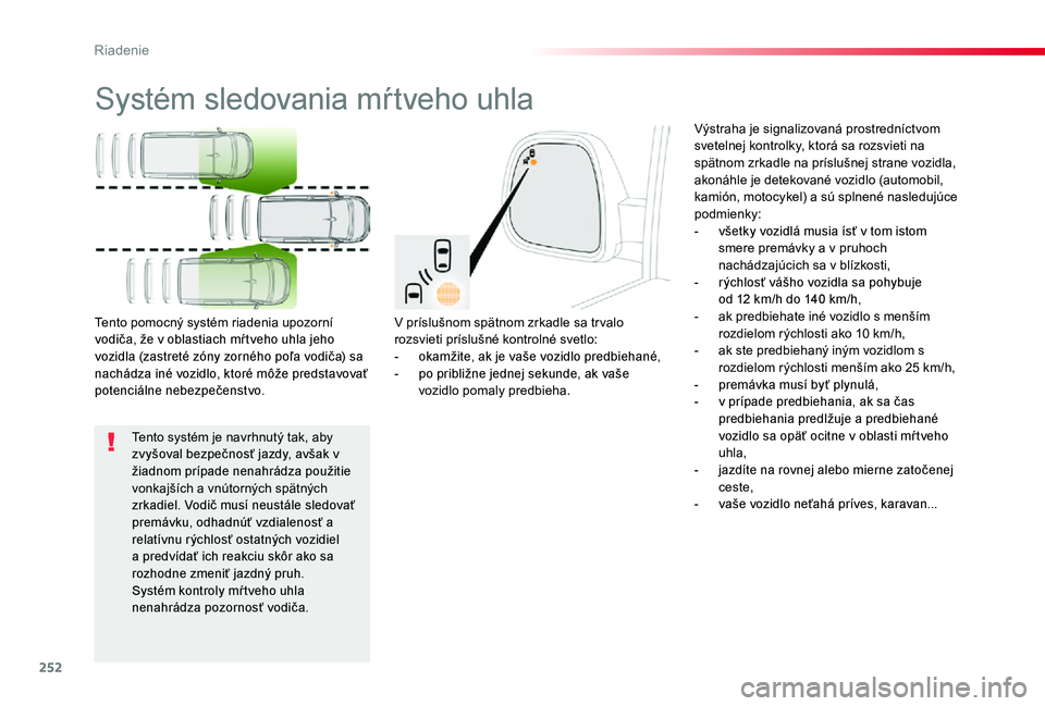 TOYOTA PROACE 2020 Návod na použitie (in Slovakian) 252
Proace_sk_Chap06_conduite_ed01-2019
Systém sledovania mŕtveho uhla
V príslušnom spätnom zrkadle sa tr valo rozsvieti príslušné kontrolné svetlo:- okamžite, ak je vaše vozidlo predbiehan TOYOTA PROACE 2020 Návod na použitie (in Slovakian) 252
Proace_sk_Chap06_conduite_ed01-2019
Systém sledovania mŕtveho uhla
V príslušnom spätnom zrkadle sa tr valo rozsvieti príslušné kontrolné svetlo:- okamžite, ak je vaše vozidlo predbiehan