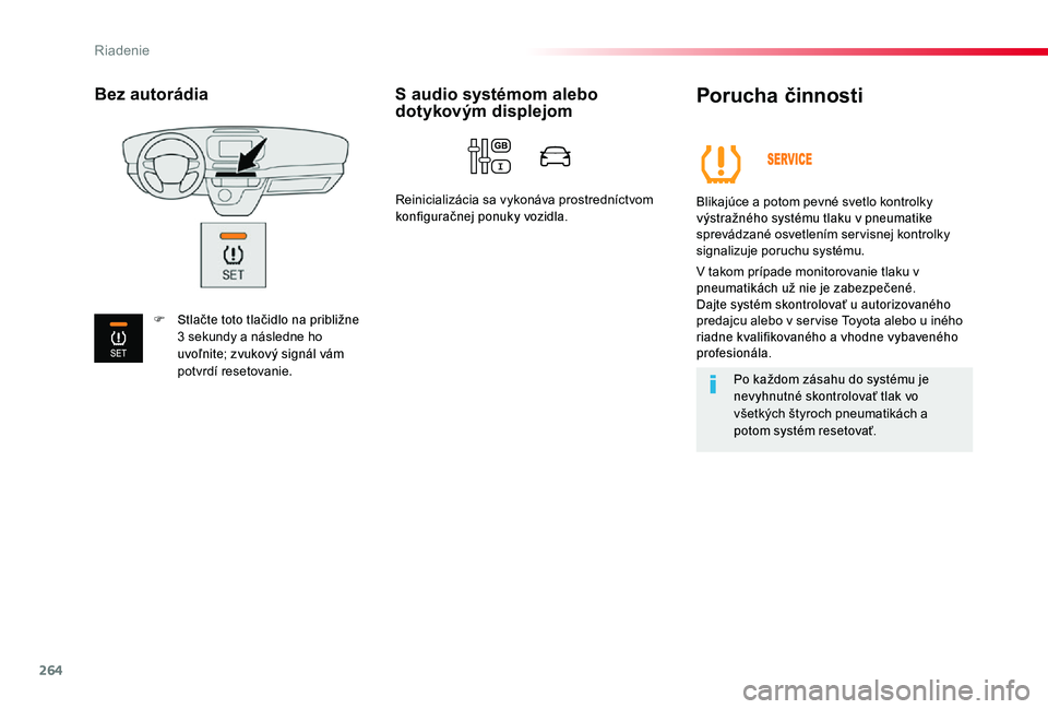 TOYOTA PROACE 2020 Návod na použitie (in Slovakian) 264
Proace_sk_Chap06_conduite_ed01-2019
Porucha činnosti
Blikajúce a potom pevné svetlo kontrolky výstražného systému tlaku v pneumatike sprevádzané osvetlením servisnej kontrolky signalizuj TOYOTA PROACE 2020 Návod na použitie (in Slovakian) 264
Proace_sk_Chap06_conduite_ed01-2019
Porucha činnosti
Blikajúce a potom pevné svetlo kontrolky výstražného systému tlaku v pneumatike sprevádzané osvetlením servisnej kontrolky signalizuj