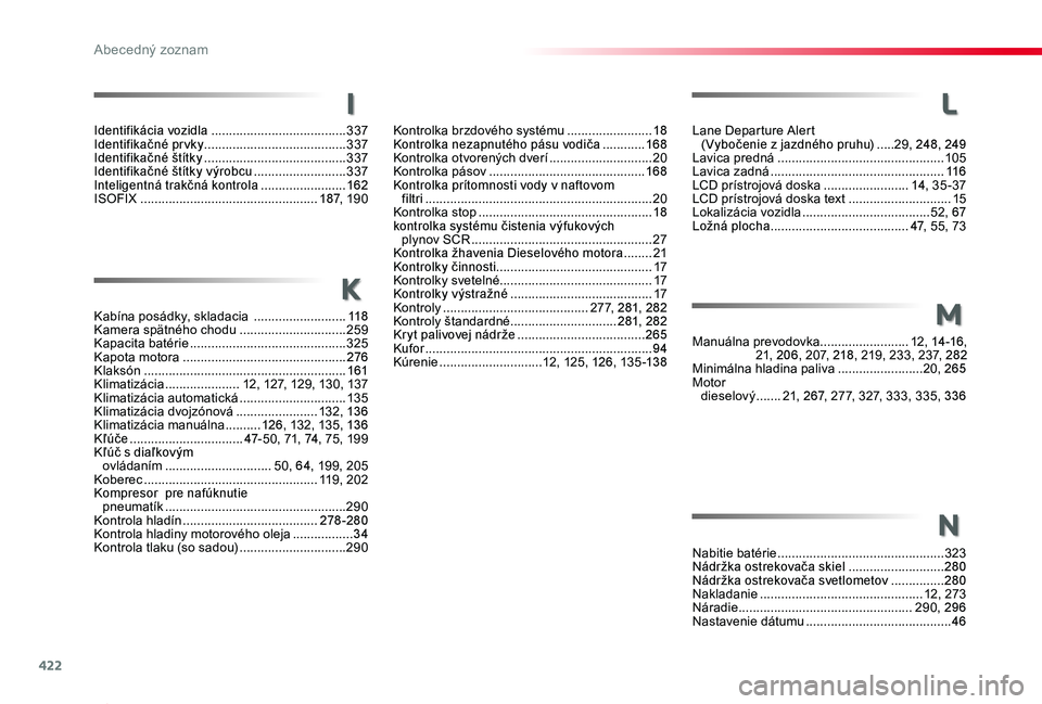 TOYOTA PROACE 2020  Návod na použitie (in Slovakian) 422
Proace_sk_Chap11_index-alpha_ed01-2019
L
M
Lane Departure Alert (Vybočenie z jazdného pruhu) .....29, 248, 249Lavica predná ...............................................105Lavica zadná .....