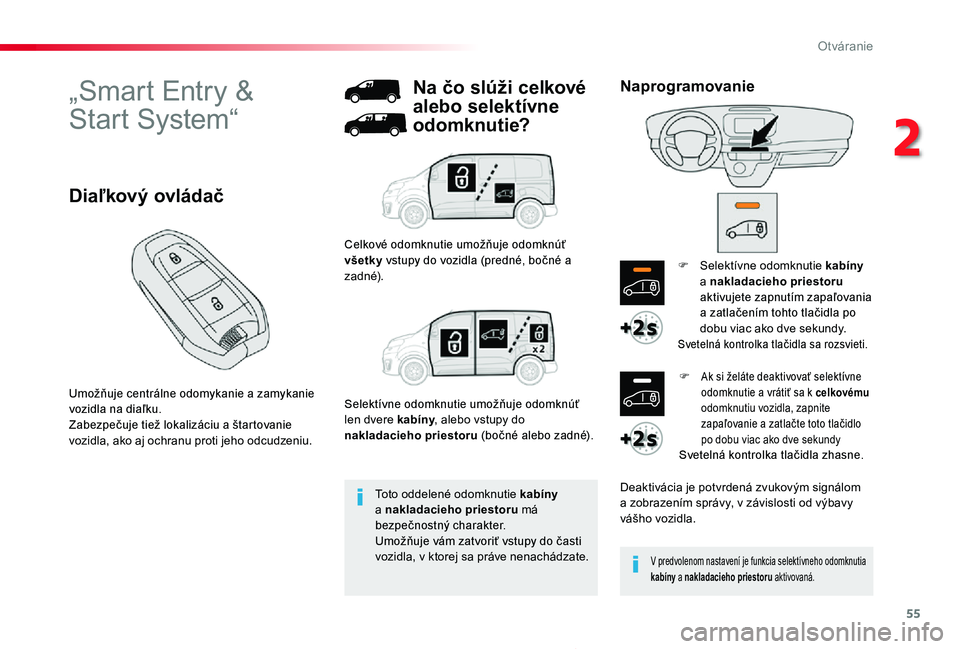 TOYOTA PROACE 2020 Návod na použitie (in Slovakian) 55
Proace_sk_Chap02_ouvertures_ed01-2019
„Smart Entry &
Start System“
Umožňuje centrálne odomykanie a zamykanie vozidla na diaľku.Zabezpečuje tiež lokalizáciu a štartovanie vozidla, ako a TOYOTA PROACE 2020 Návod na použitie (in Slovakian) 55
Proace_sk_Chap02_ouvertures_ed01-2019
„Smart Entry &
Start System“
Umožňuje centrálne odomykanie a zamykanie vozidla na diaľku.Zabezpečuje tiež lokalizáciu a štartovanie vozidla, ako a